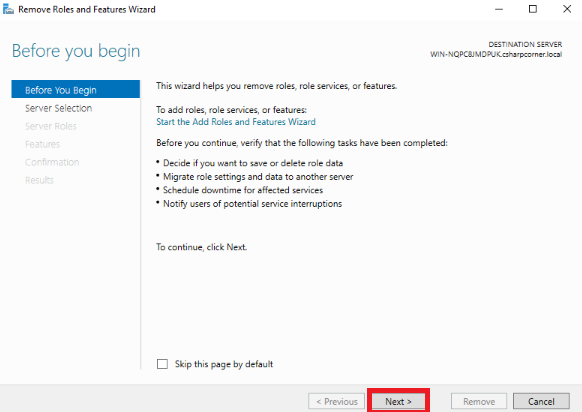 Remove roles and features Wizard